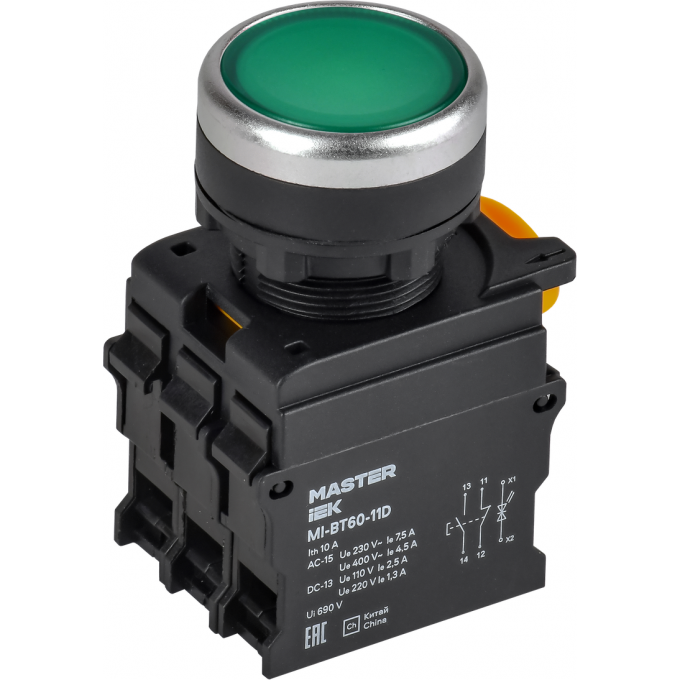 Кнопка с подсветкой IEK MASTER MI-BT60-11D-3-12-K06 d=22мм 1NO+1NC зелёная MI-BT60-11D-3-112-K06